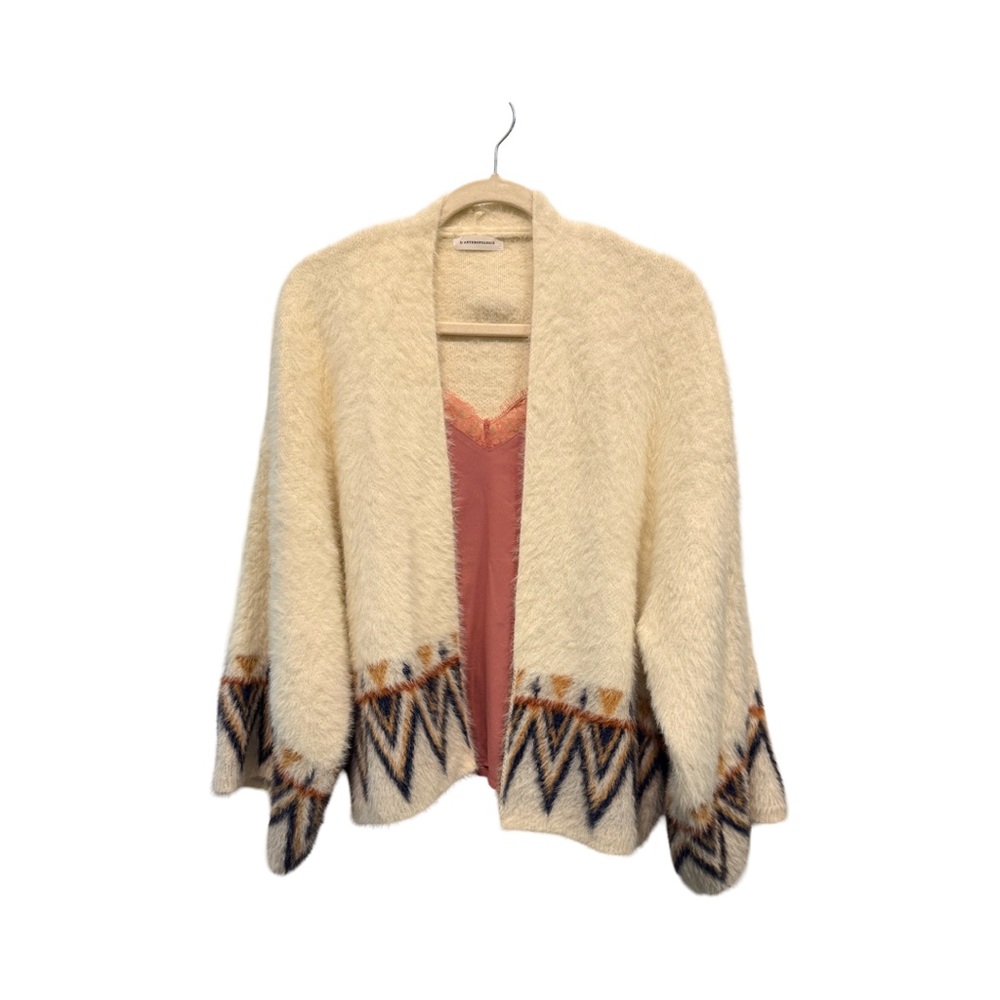 Anthropologie Cream Aztec-Trim Open Front Women's Sweater Cardigan
